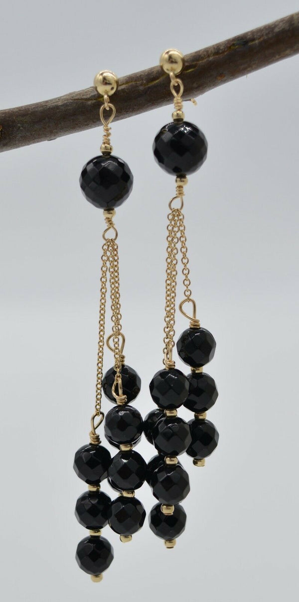 #BE-104 New 14K Solid Yellow Gold Faceted Black Onyx Chandelier Earrings