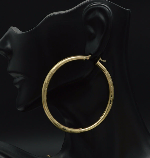 14k Solid Yellow Gold big Large hoop Diamond Cut Earrings. 50mm x3MM 3.8GR