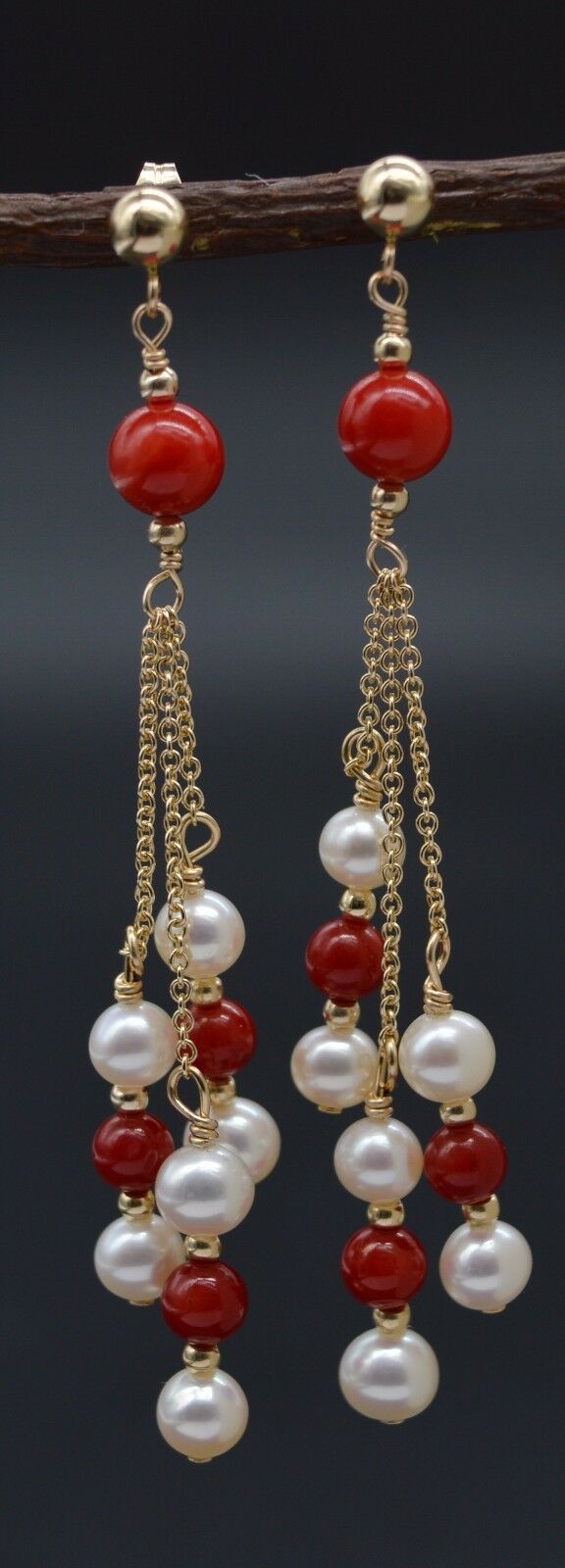 New 14K Solid Gold Natural Coral & Pearl Chandelier Dangle Earrings