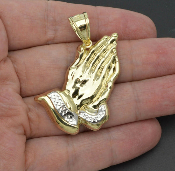 Real 10k Yellow Gold Diamond Cut Praying Hands Pendant 1.85'' 4.7gr