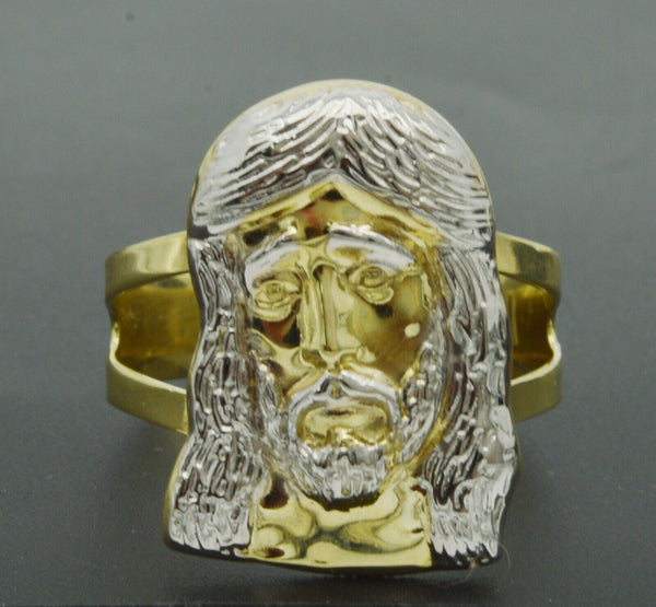 Real Solid 10K Yellow Men's Jesus Head Two-Tone Ring