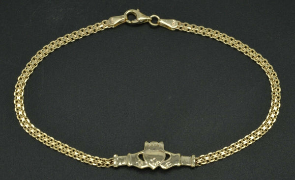 10k Yellow Solid Gold Bismark-Link Celtic Irish Claddagh Bracelet 7''