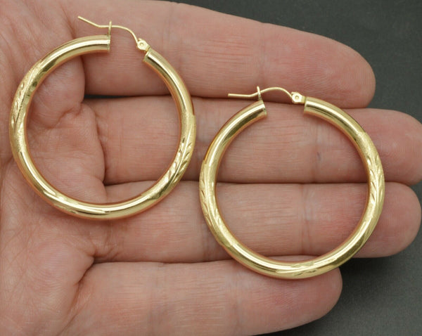 REAL 10K Yellow Gold big Large hoop Diamond Cut Earrings 40mm x4mm 3.7gr