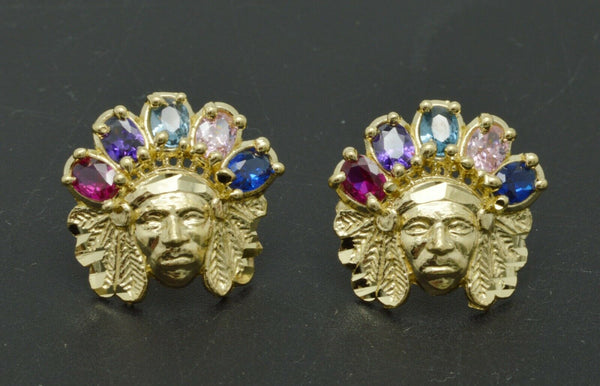 Real Solid 10K Yellow Gold Infantry Native American Indian Rainbow Stud Earrings.jpg