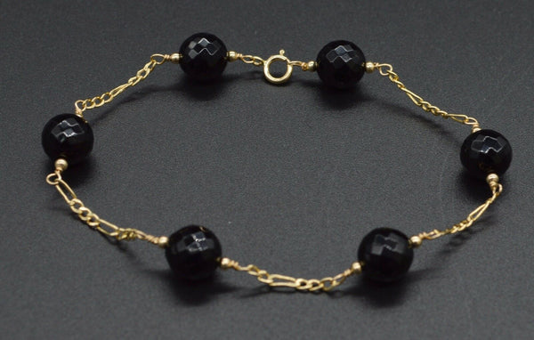 NEW 14K Solid Yellow Gold Faceted Onyx Black Bracelet 7.5".jpg