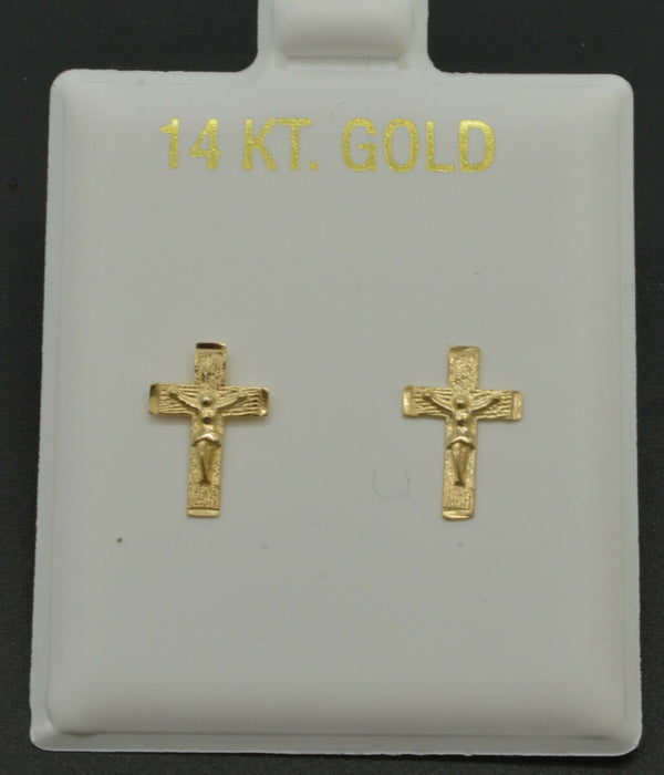14K Solid Yellow Gold Crucifix Cross Stud Earrings
