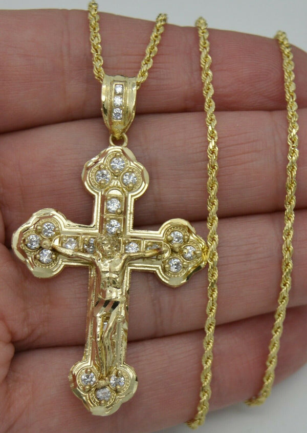 Real 10k Yellow Gold Jesus Christ Crucifix Cross Pendant + Chain 16"-24"