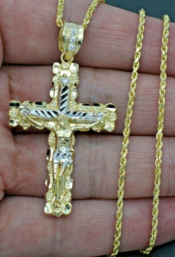 Real 10k Yellow Gold Jesus Crucifix Cross Diamond Cut Pendant + Chain 16"-24"