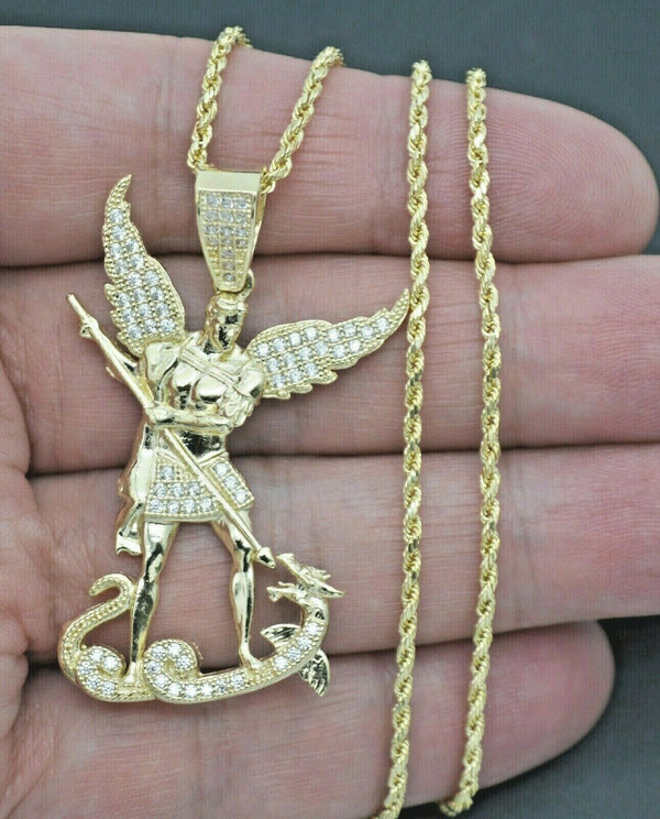 Real 10K Yellow Gold Saint Michael The Archangel Pendant + Chain 16''-24''