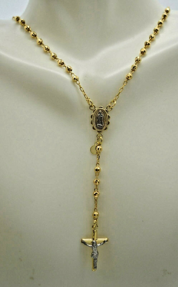 10k Solid Yellow Gold Rosary Virgin Mary Jesus Cross Necklace 17'' 6.5 gr
