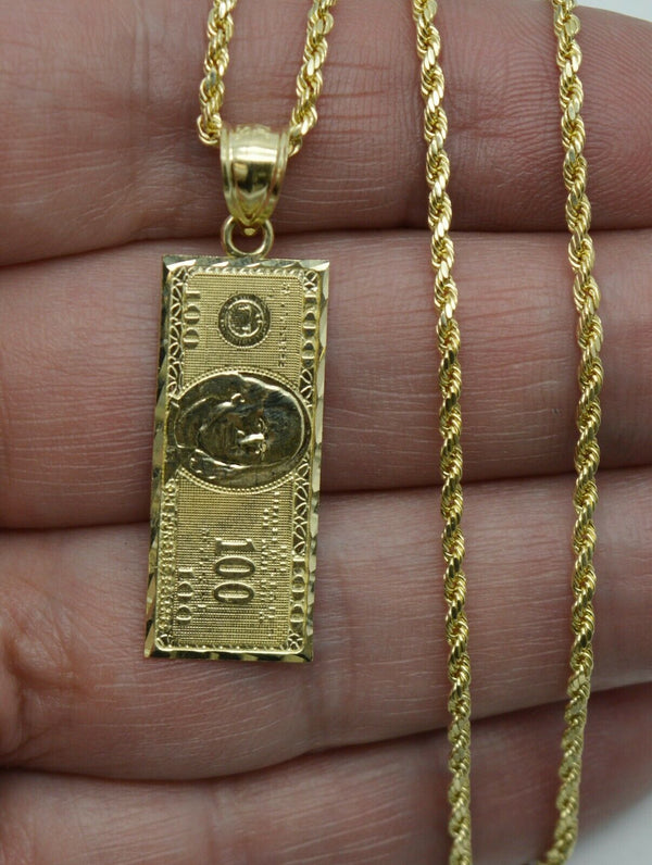 Real 10K Yellow Gold Diamond-Cut One Hundred Dollar Bill Pendant + Chain 16"-24"