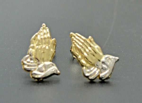 Real 10K Yellow White Gold Two-Tone Diamond Cut Praying Hands Stud Earrings
