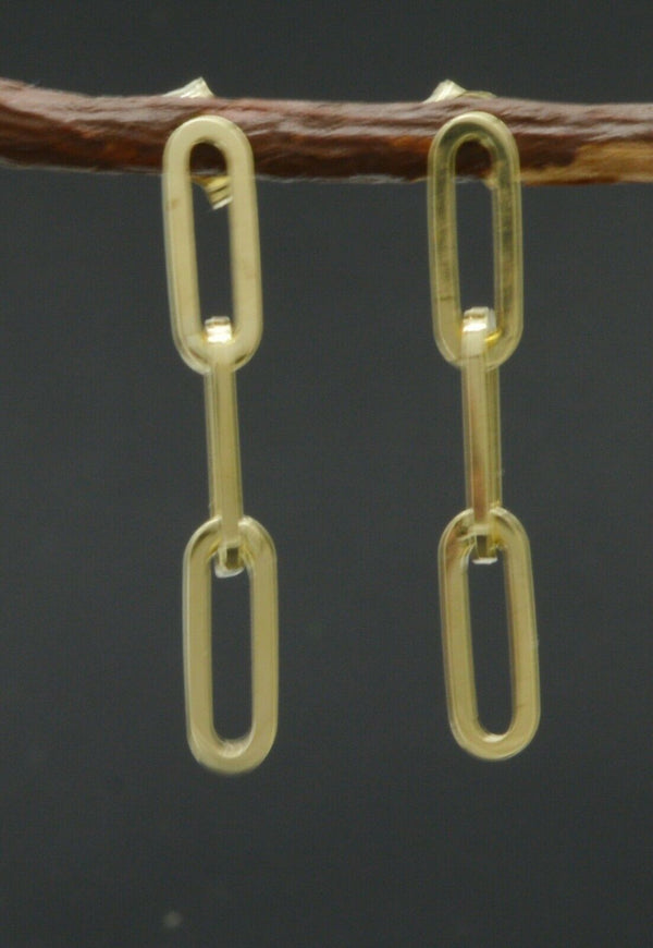 14k Yellow Solid Gold 3 Link Paper clip Drop polished 1.30'' Earrings