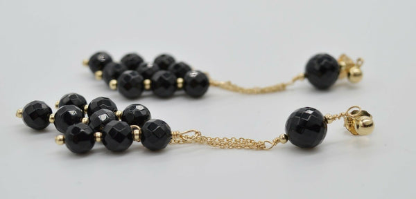 New 14K Solid Yellow Gold Faceted Black Onyx Chandelier Earrings