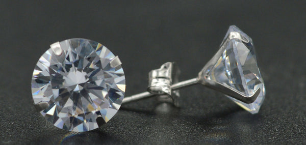 14K Solid White Gold Round CZ Stud Earrings sizes  4-10MM\