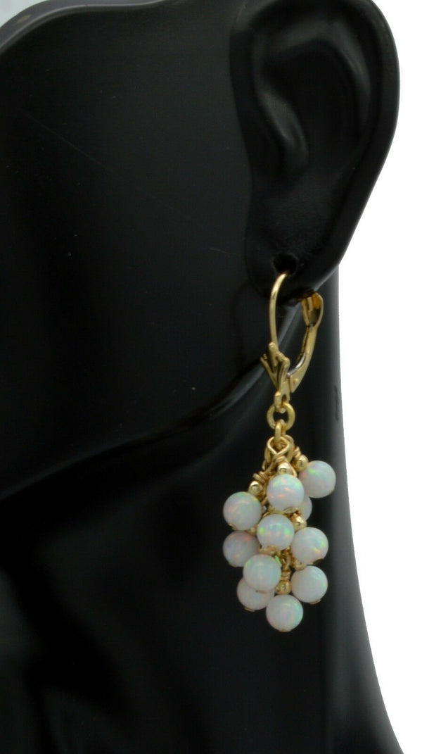 14K Solid Yellow Gold Lever Back Grape White Opal Drop Dangle Earrings