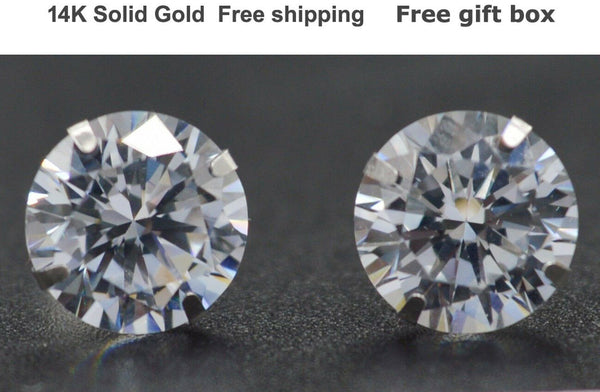 14K Solid White Gold Round CZ Stud Earrings sizes  4-10MM