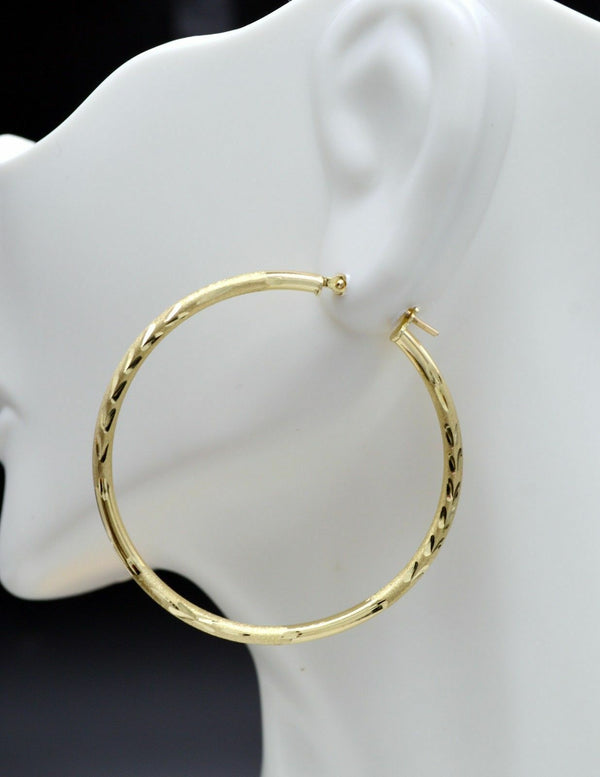 14k Solid Yellow Gold big Large hoop Diamond Cut Earrings. 45mm x2MM 2.6GR