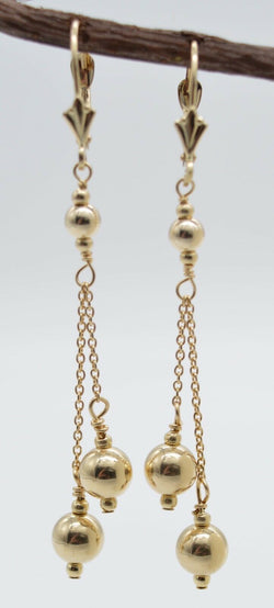 New 14K Solid Yellow Gold Round Double Bead Drop/Dangle Earrings