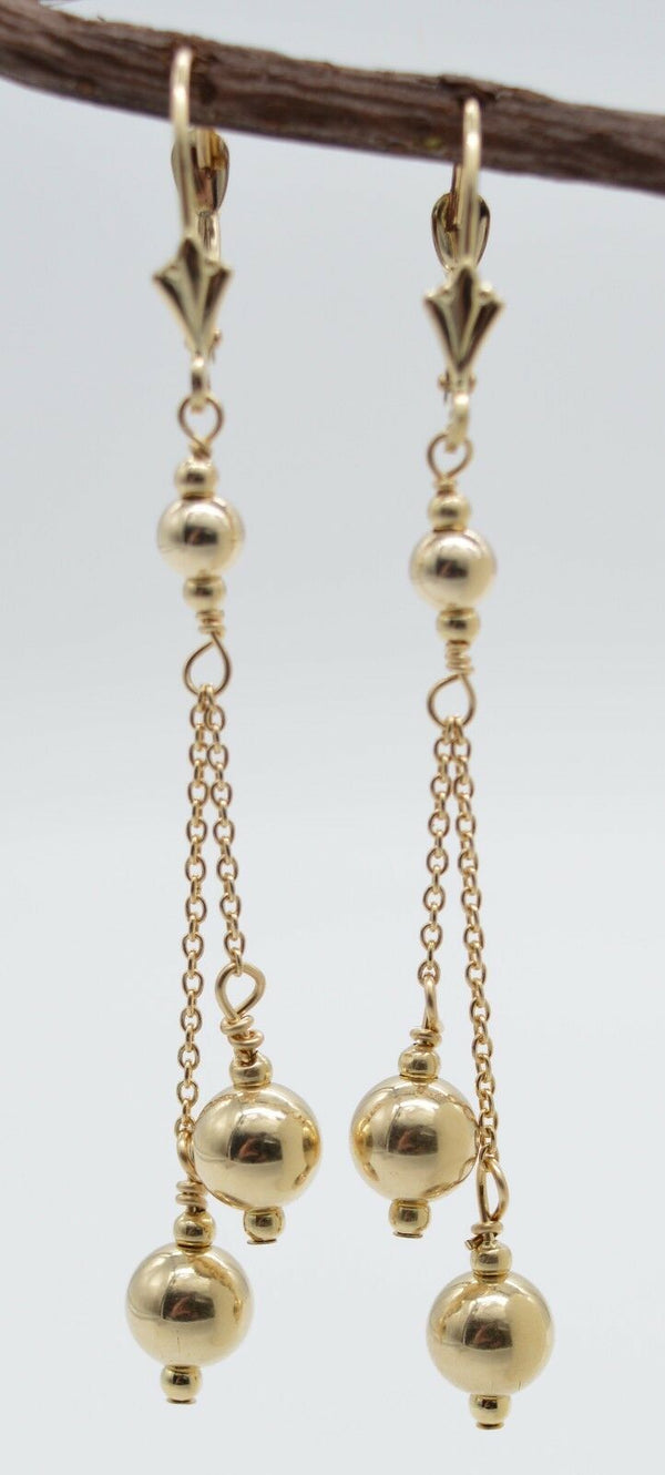 New 14K Solid Yellow Gold Round Double Bead Drop/Dangle Earrings