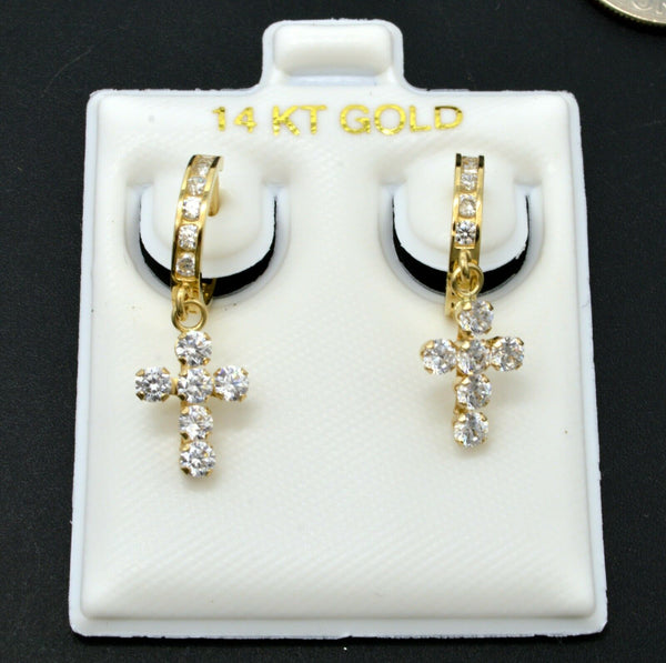 14K Yellow Solid Gold Huggie cross Round 1.00ct Created Diamond Earrings