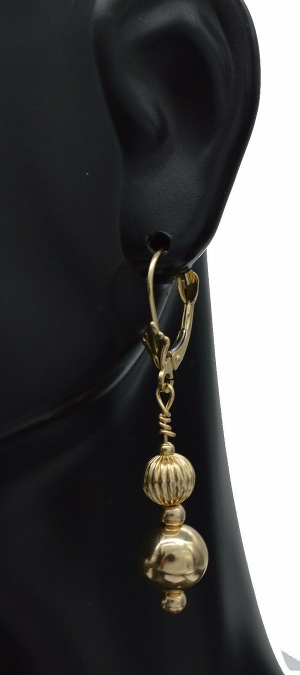 New 14K Solid Yellow Gold 8mm Shiny Bead Dangle Leverback Earrings