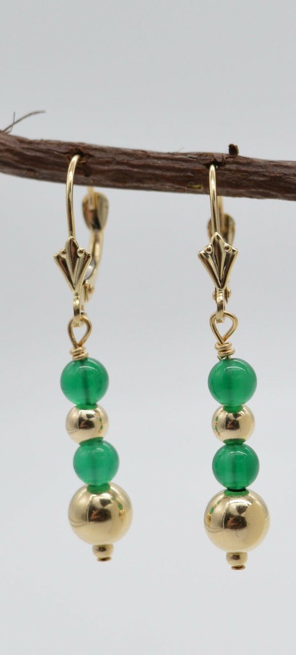 #BE163 New 14K Solid Gold Natural Green Quartz Bead Drop Earrings