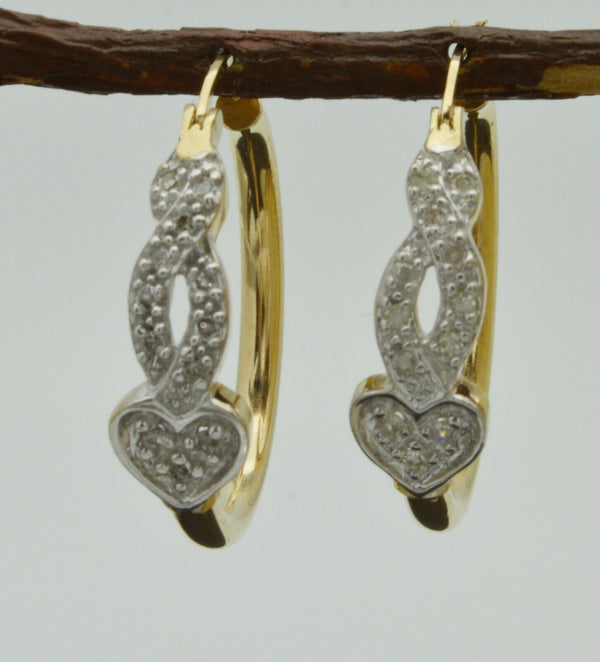 REAL 10k Solid Yellow Gold heart Natural Diamond  Earrings 24mm 3.0g