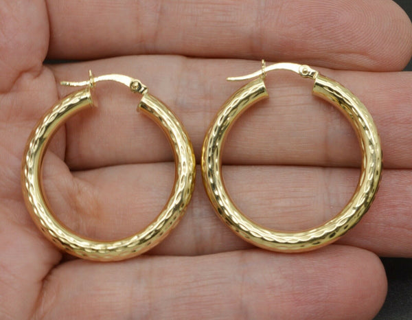 REAL 10K Yellow Gold Large hoop  Diamond Cut Earrings 30mm x4mm 3gr