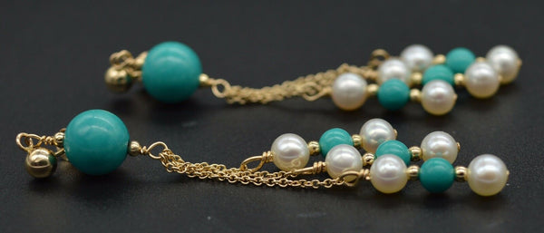 New 14K Solid Gold Natural Turquoise & Pearl Chandelier Dangle Earrings