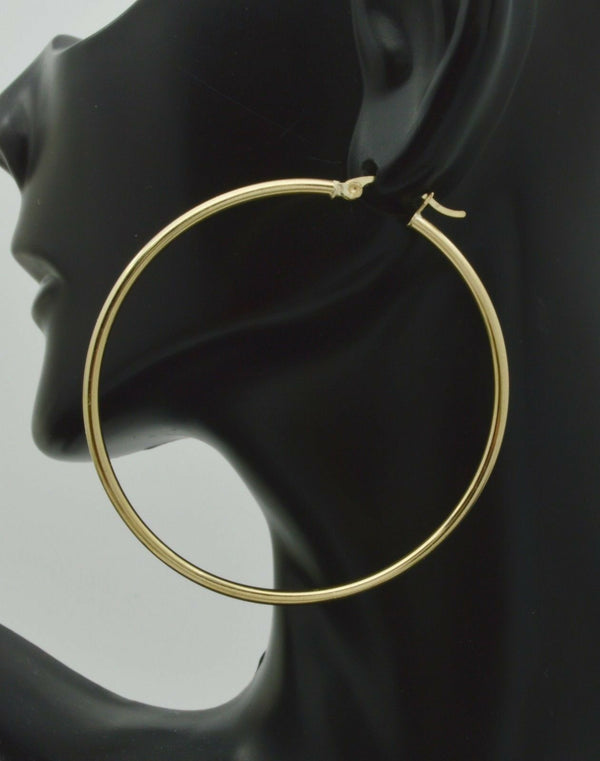 14k Solid Yellow Gold big Large High Polished hoop Earrings. 50mm x 2MM 3.2gr