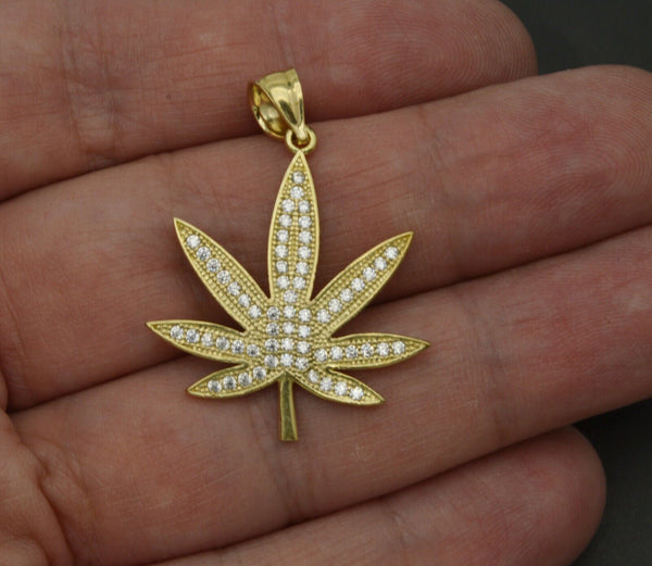 10K Solid Gold cz 7 Cannabis Leaf Marijuana Pendant 3.1gr