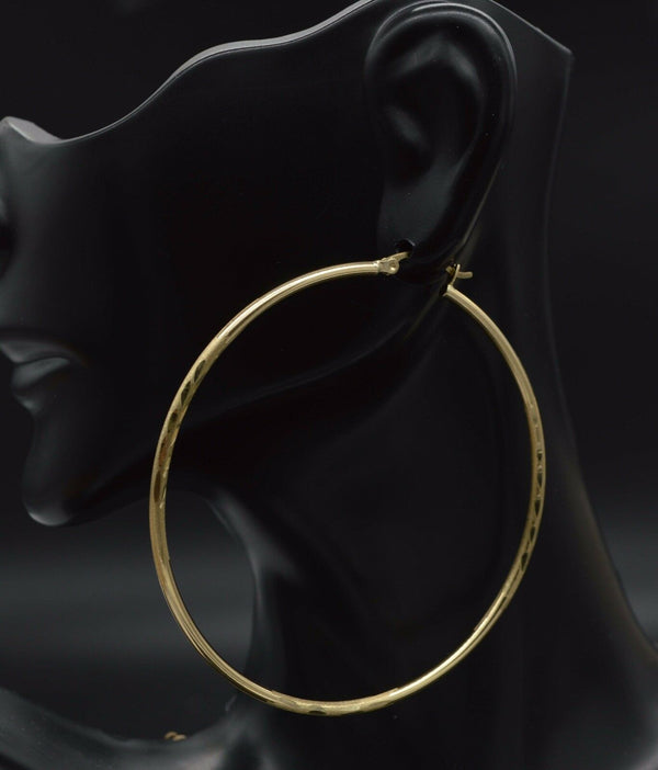 14k Solid Yellow Gold big Large hoop Diamond Cut Earrings. 70mm x2MM 4.2GR