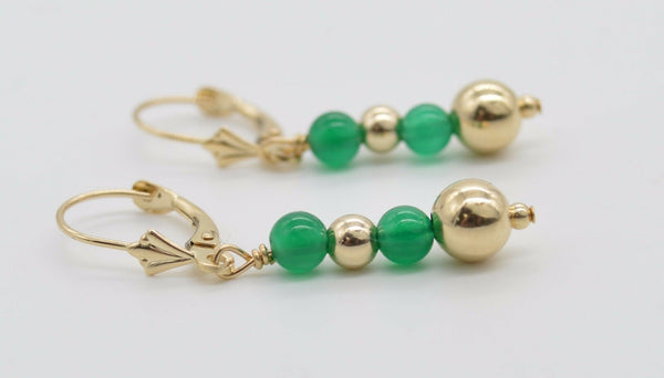 #BE163 New 14K Solid Gold Natural Green Quartz Bead Drop Earrings