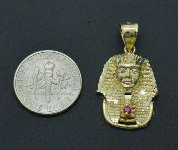 Real 10K Yellow Solid Gold Egyptian King Head Diamond Cut Pendant+Chain