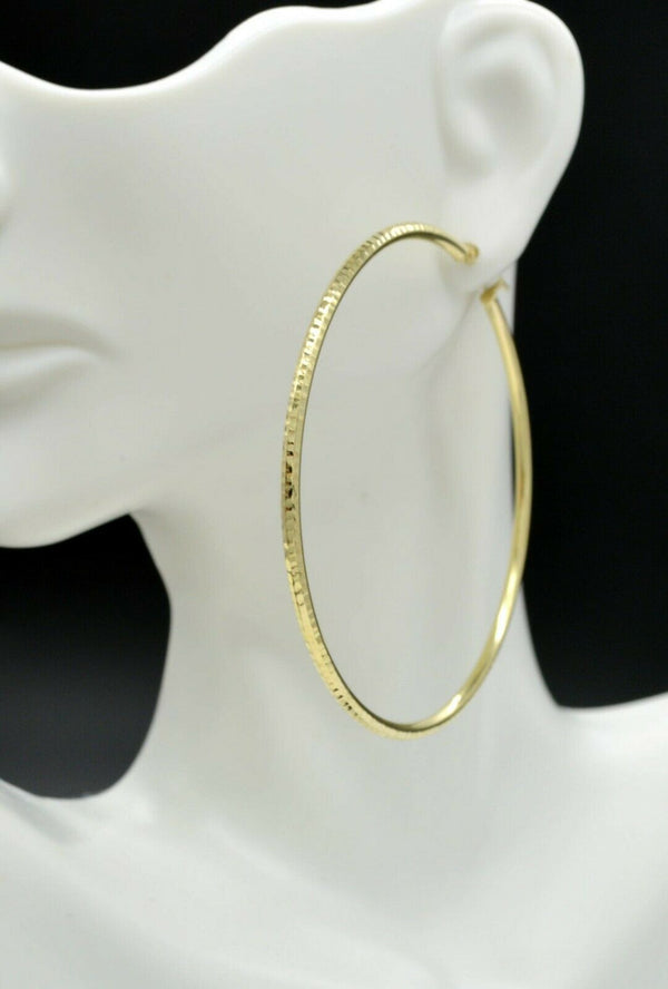 REAL 10K Yellow Gold big Large Diamond Cut Hoop Earrings 2 1/2" 2mm X 65mm 4g