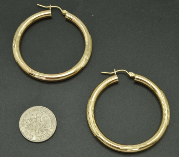 REAL 10K Yellow Gold big Large hoop Diamond Cut Earrings 40mm x4mm 3.7gr