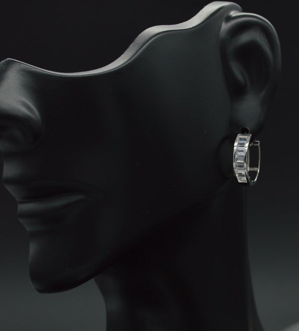 JM188 14K Solid White Gold Baguette 0.30ct Created Diamond Huggie Hoop Earrings