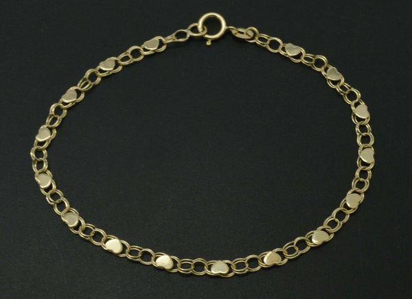 10k Yellow Solid Gold Mirrored Heart Link Chain Charm Anklet Bracelet  9'' 10''.jpg