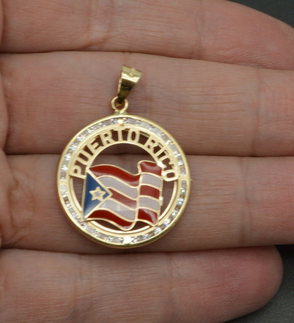14k Solid Gold Puerto Rico enamel finish cz Charm Pendant +18 Chain