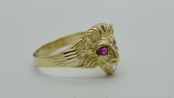Real Solid 10K Yellow Gold Mens Red Eye Lion Head Ring 2.9 grams ALL SIZES