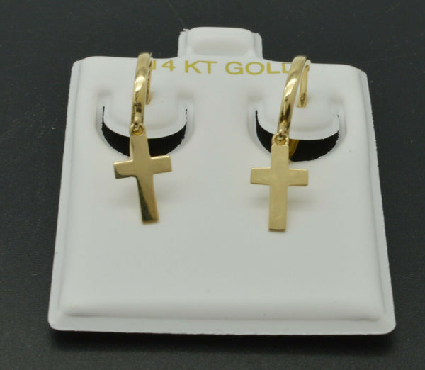 14k White or Yellow Solid Gold Dangle Cross Charm Huggie hoop Earrings