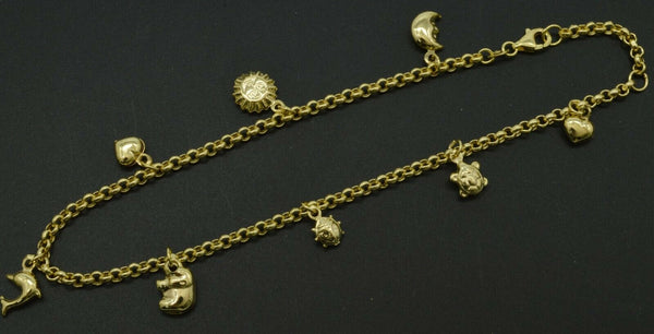 Real 10K Yellow Gold Multi Charms Heart Turtle Lady bug Ankle Bracelet  9''-10''.jpg