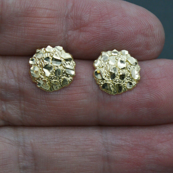 Real 10K Yellow Gold Round Diamond Cut Nugget Stud Earrings 12.1mm