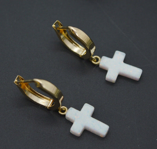 14K Solid Yellow Gold White Cross Huggie Opal Dangle Earrings