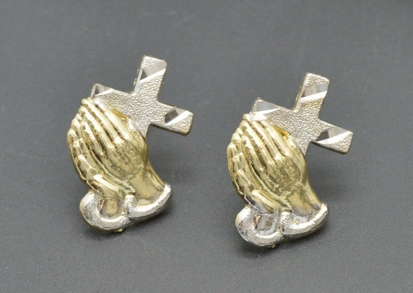 Real 10K Yellow White Gold Two-Tone Praying Hands with Cross Stud Earrings 2.1gr