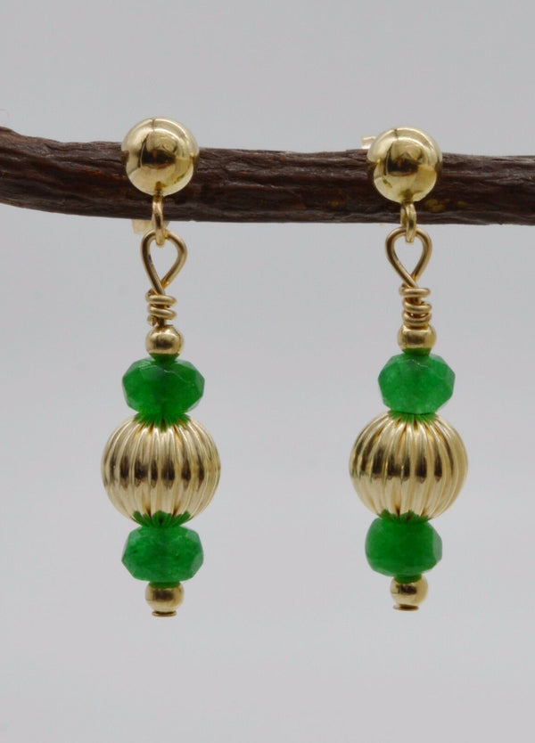#BE-200 14K Solid Gold Corrugated Ball Beaded and Green Quartz Drop Earrings