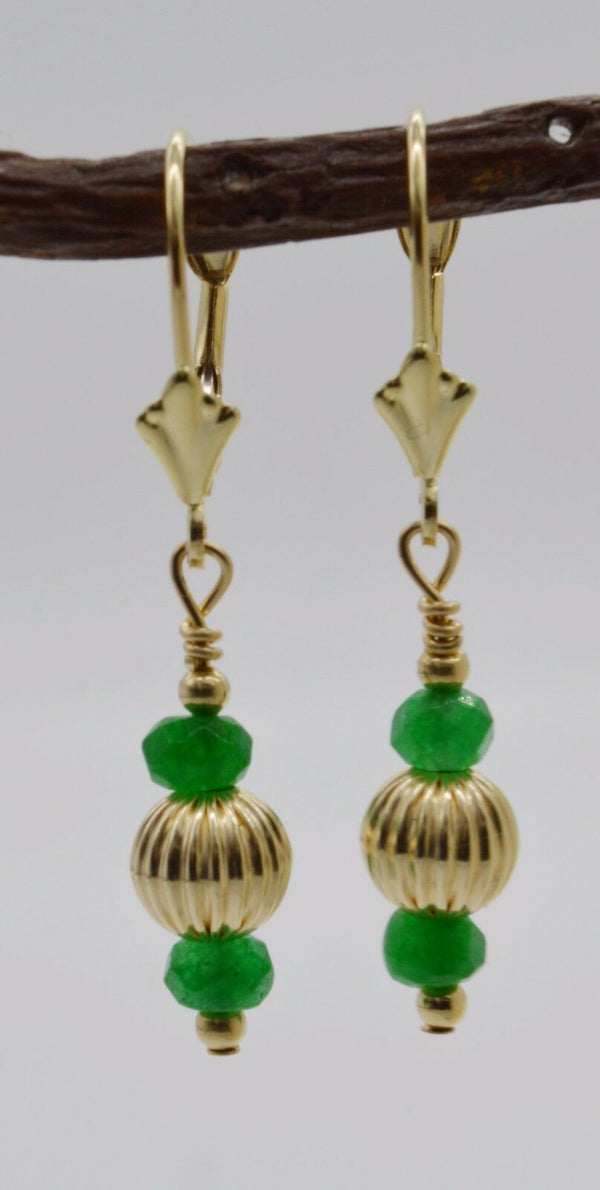 #BE200 14K Solid Gold Corrugated Ball Bead & Green Quartz Drop Earrings