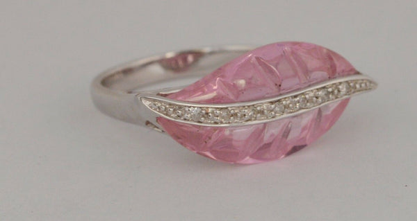 #JB05 Women’s Pink Quartz Leaf 14k White Gold Diamonds  Ring  Size 7