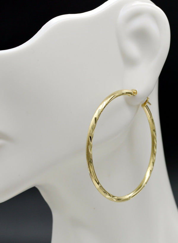 1.4'' 10k Solid Yellow Gold Large hoop Diamond Cut Earrings 35mm x2MM 2.1GR